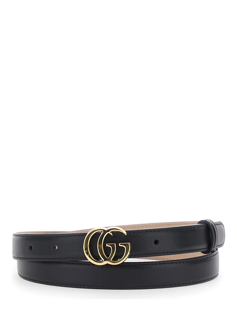 black Belt with GG buckle on the front in leather for women