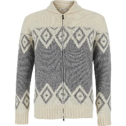 Multicolor Cardigan with high collar and motif in wool and cashmere for men