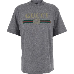 Gray crew neck T-shirt with logo print on the front in cotton for women