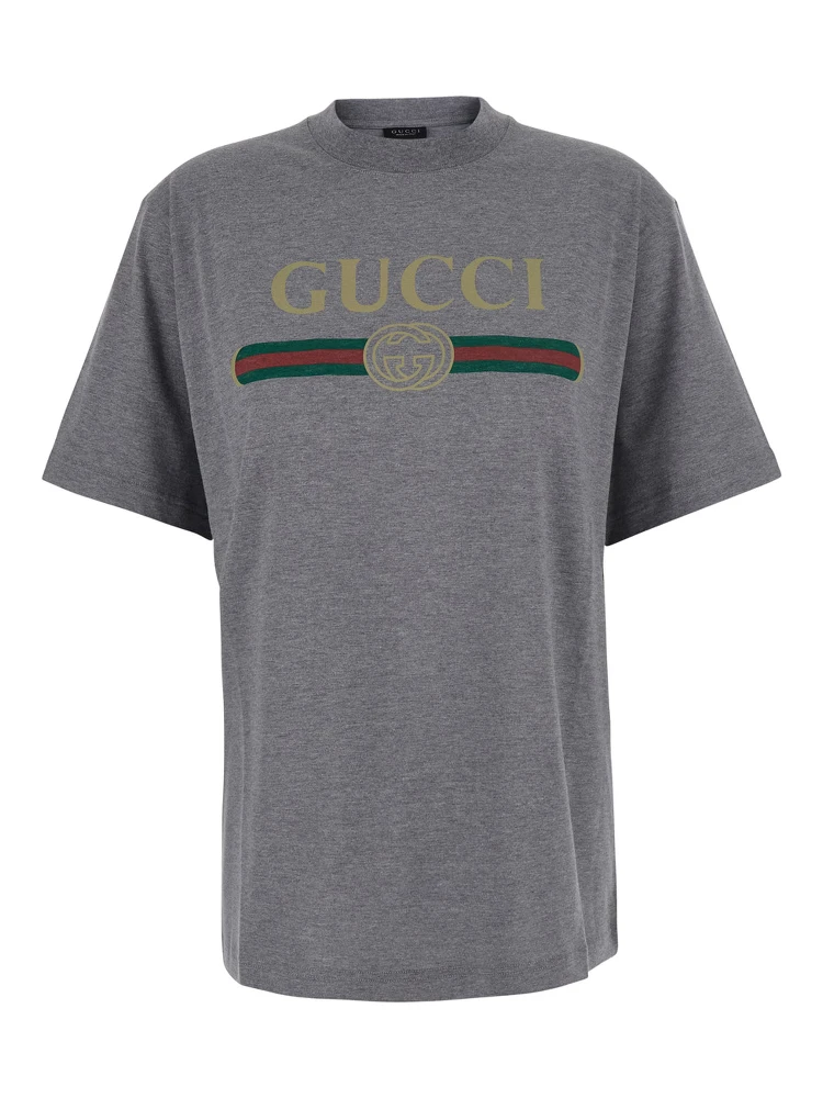 Gray crew neck T-shirt with logo print on the front in cotton for women