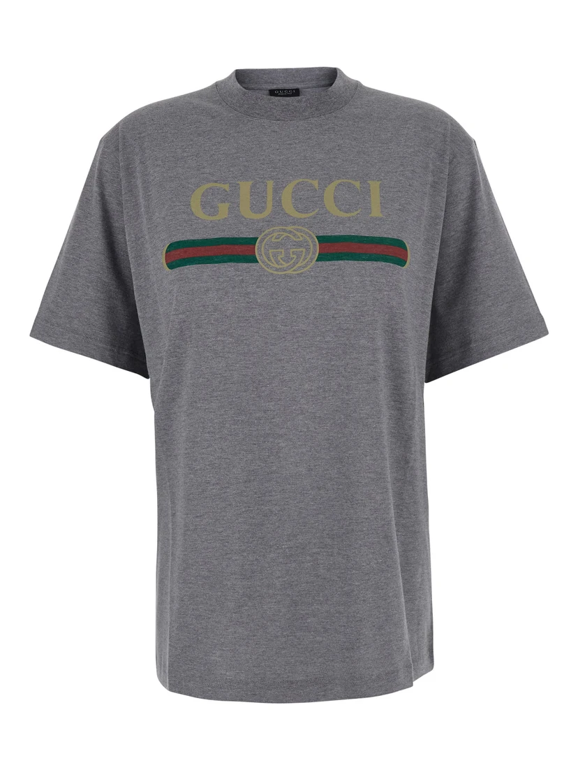 Gray crew neck T-shirt with logo print on the front in cotton for women
