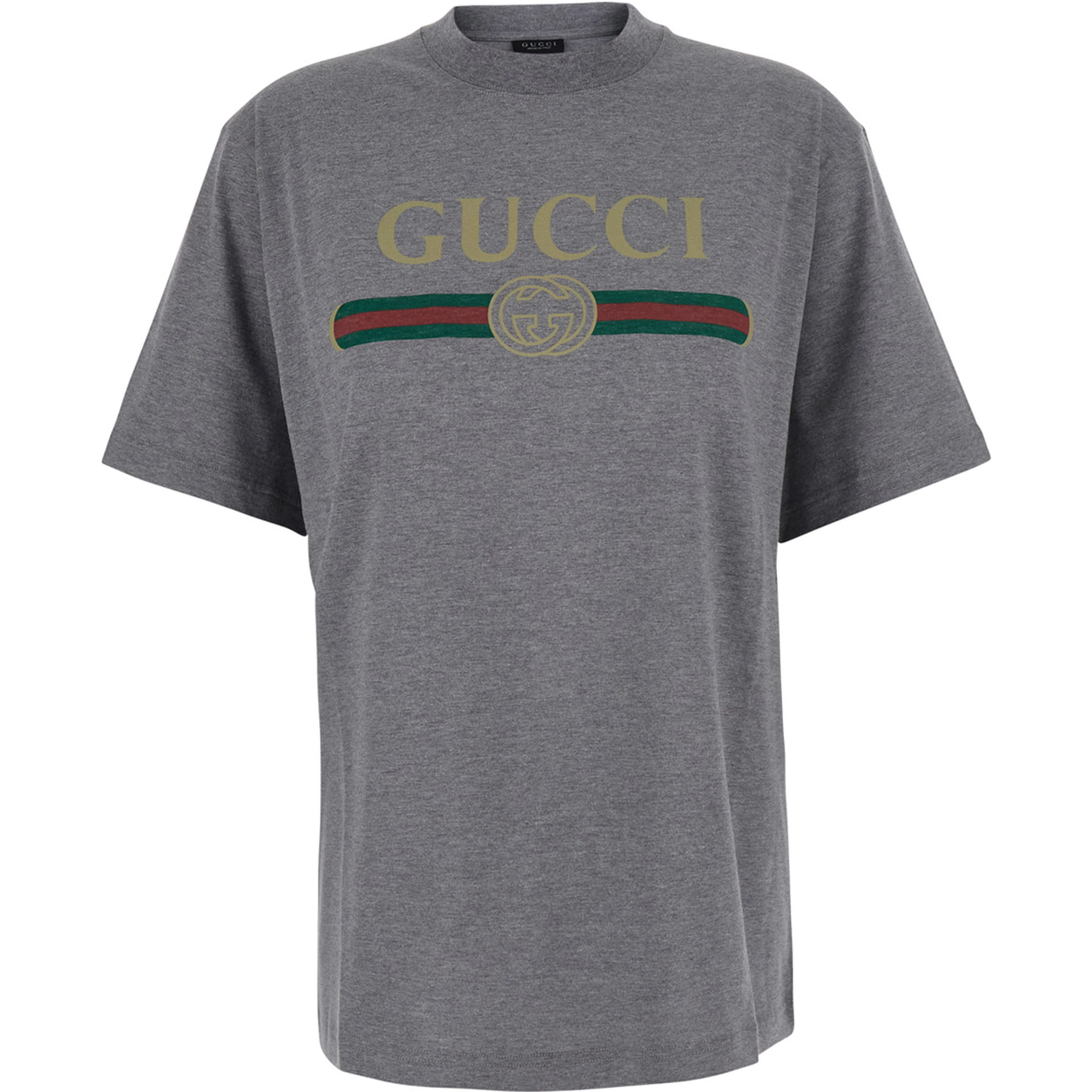 Gray crew neck T-shirt with logo print on the front in cotton for women