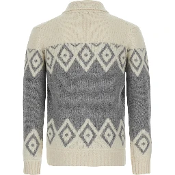Multicolor Cardigan with high collar and motif in wool and cashmere for men