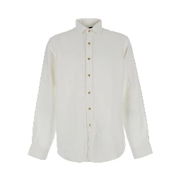 White Shirt with classic collar and Pony embroidery on the front in linen for men