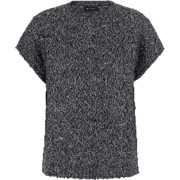 Grey T-SHIRT with round neck and braided work in wool Blend women
