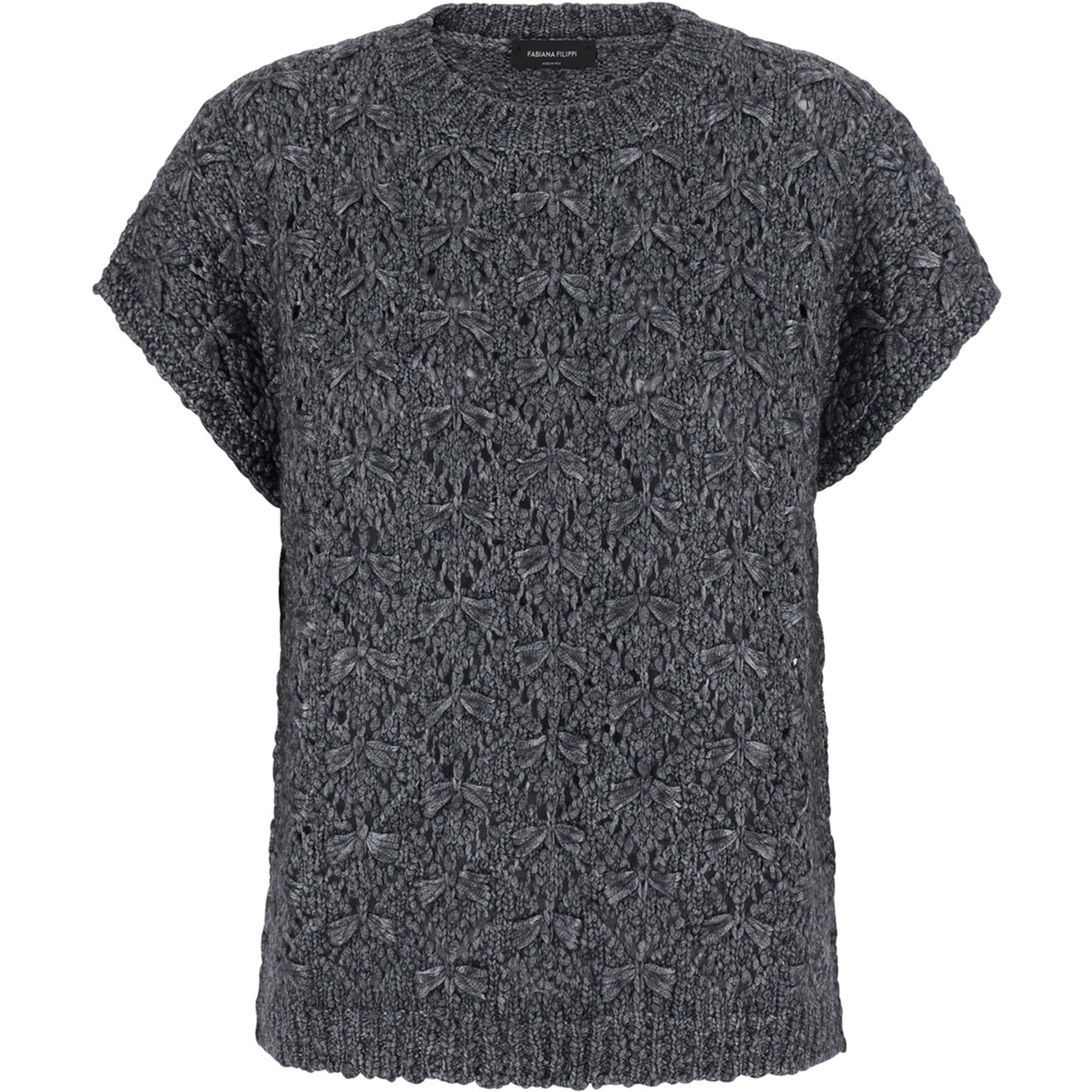 Grey T-SHIRT with round neck and braided work in wool Blend women
