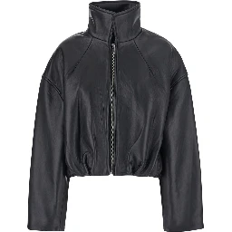 black Oversized jacket with Dropped shoulders and boxy design in leather for women