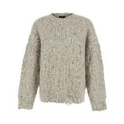 Beige Crewneck sweater with distressed effect and logo patch on the back in Tech Fabric for men