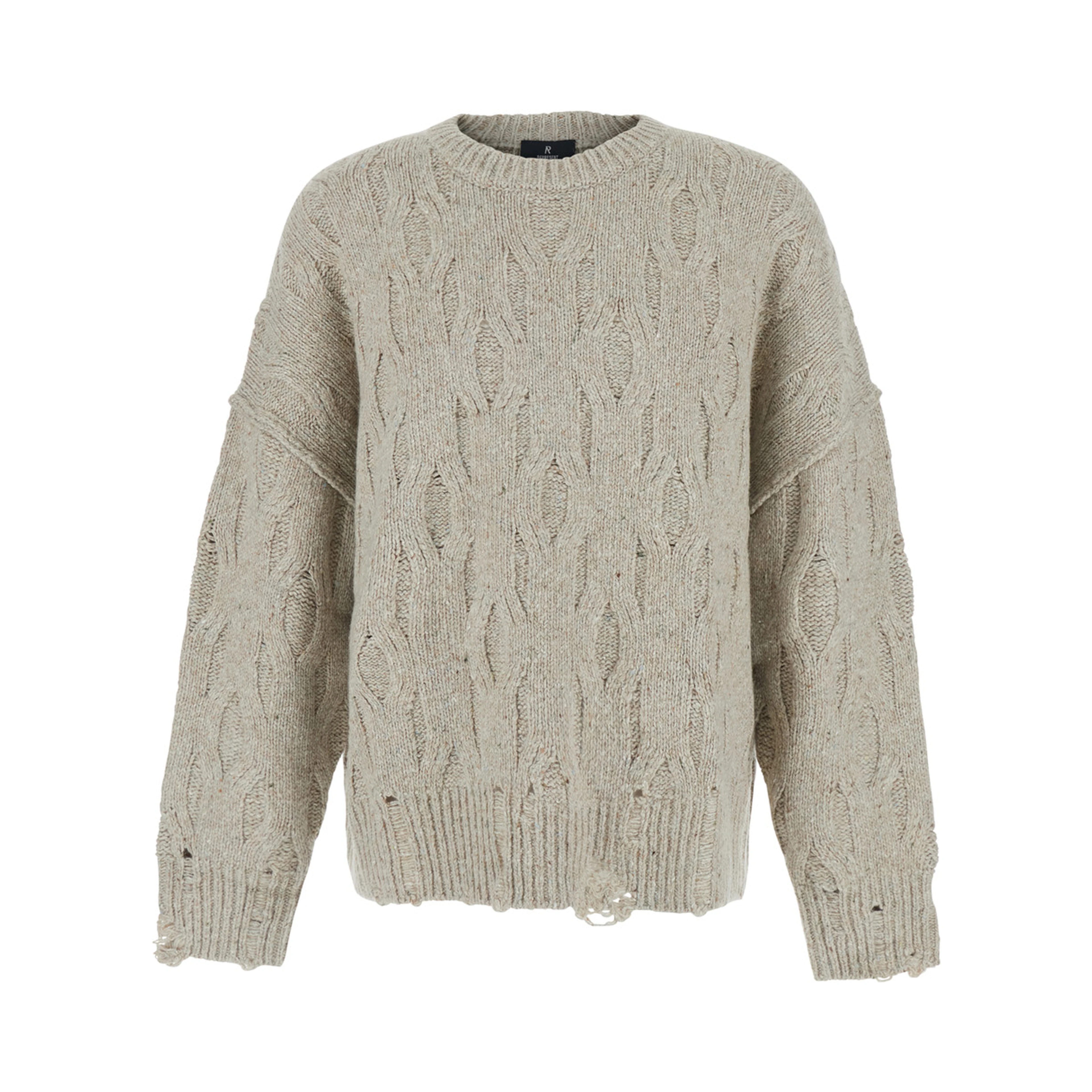 Beige Crewneck sweater with distressed effect and logo patch on the back in Tech Fabric for men