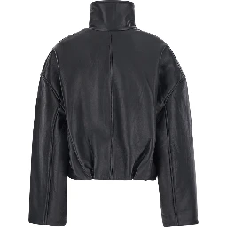 black Oversized jacket with Dropped shoulders and boxy design in leather for women
