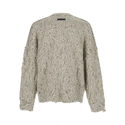 Beige Crewneck sweater with distressed effect and logo patch on the back in Tech Fabric for men
