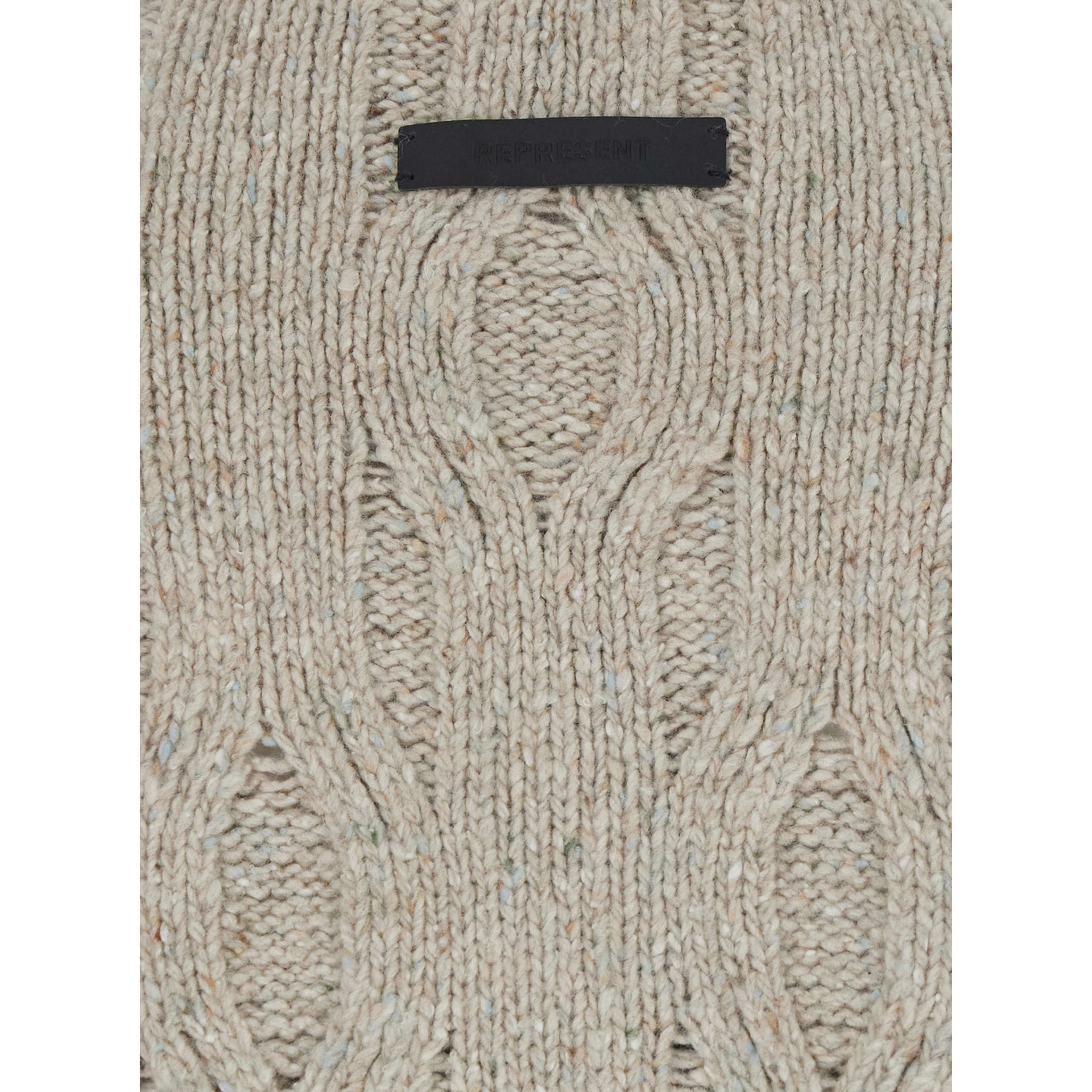 Beige Crewneck sweater with distressed effect and logo patch on the back in Tech Fabric for men