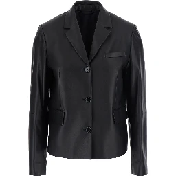 Short leather blazer with elegant details in black leather for women