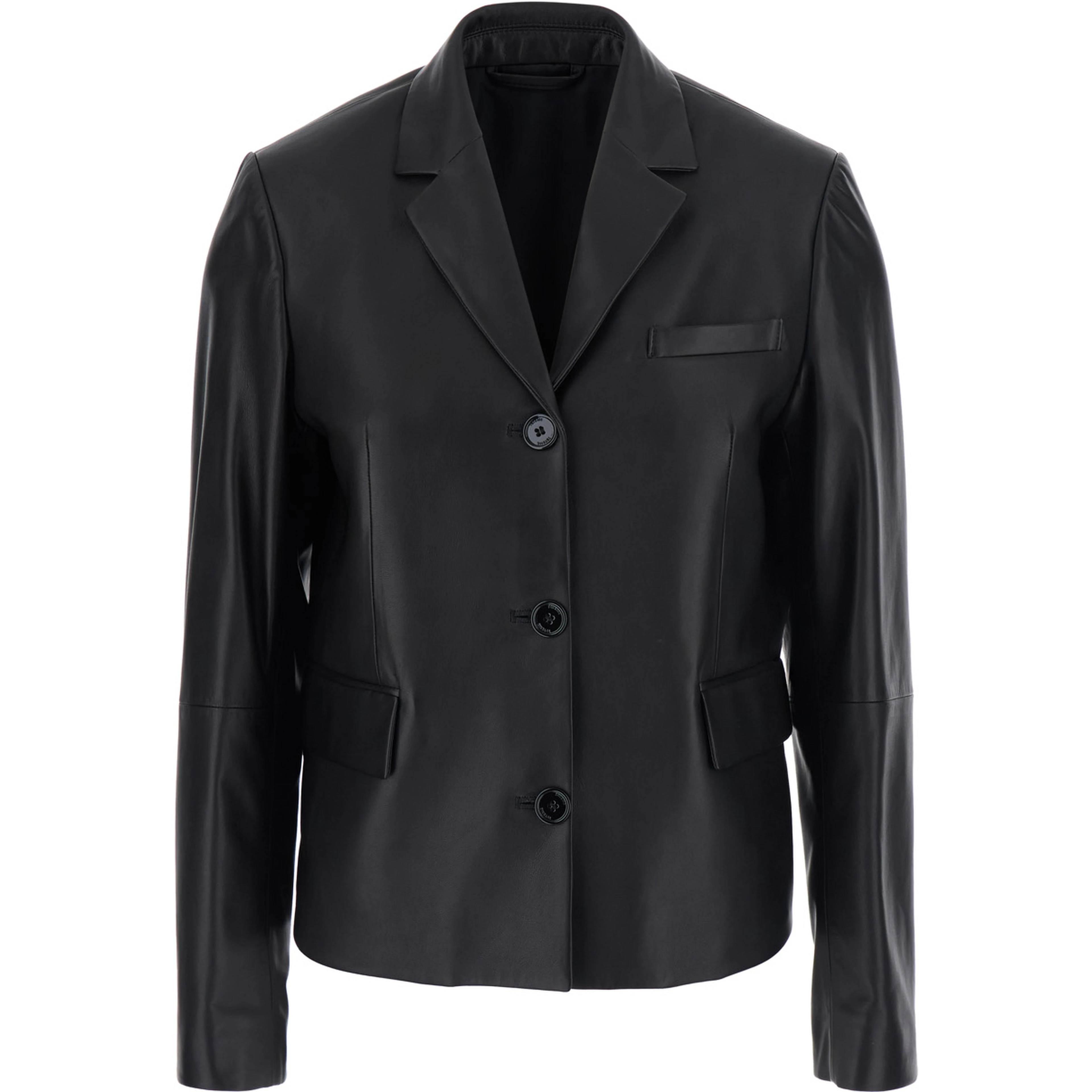 Short leather blazer with elegant details in black leather for women