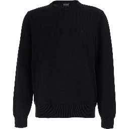 Black Crew Neck Sweater with Knit Design in Cotton for Men