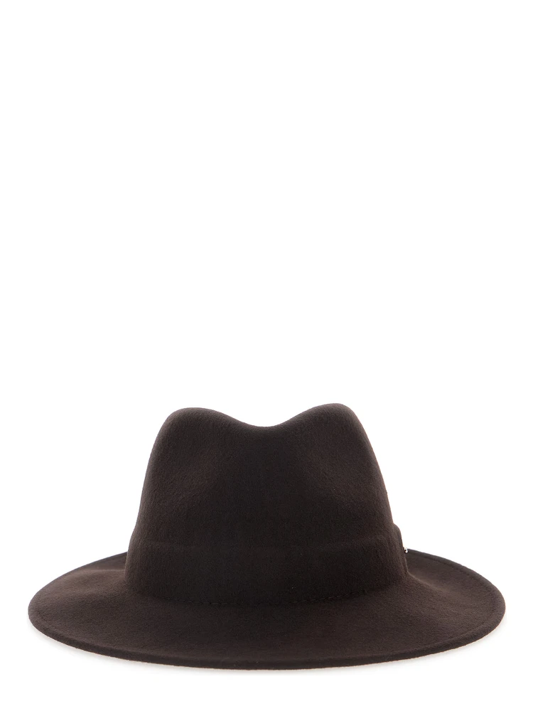 Brown Hat with wide and low brim and logo lettering in wool for women
