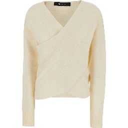 White Sweater with V-neck and crossed design in wool and cashmere Women