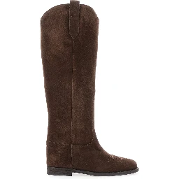 Brown Western Style Pointed Boots with Suede Detail for Women