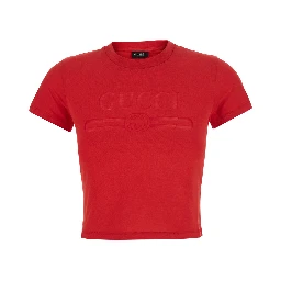 Red cropped T-shirt with tone-on-tone logo on the front and Dropped shoulders in cotton for women
