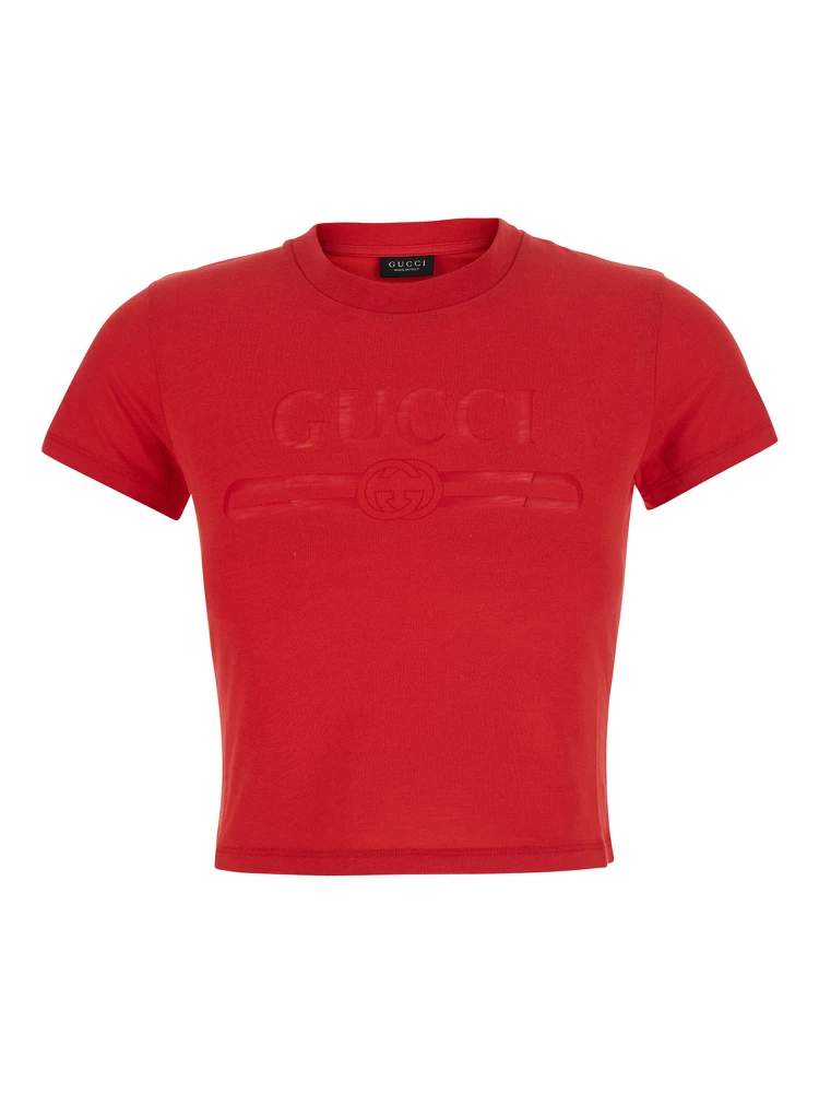 Red cropped T-shirt with tone-on-tone logo on the front and Dropped shoulders in cotton for women