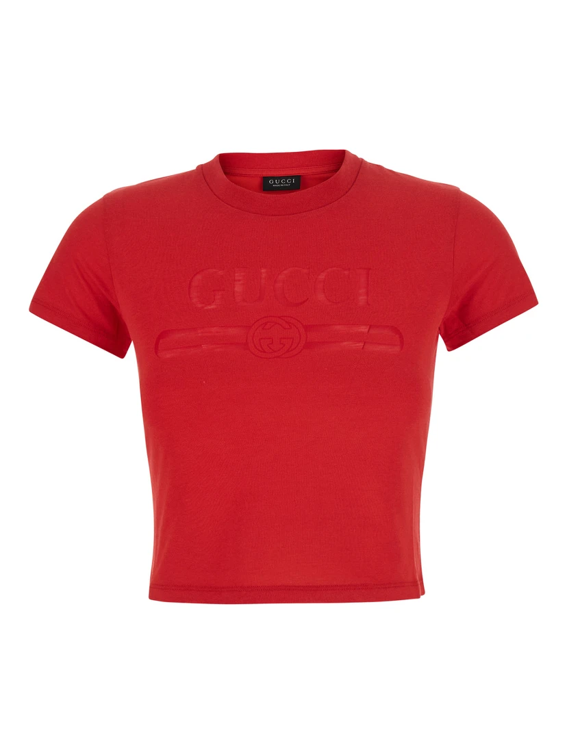 Red cropped T-shirt with tone-on-tone logo on the front and Dropped shoulders in cotton for women