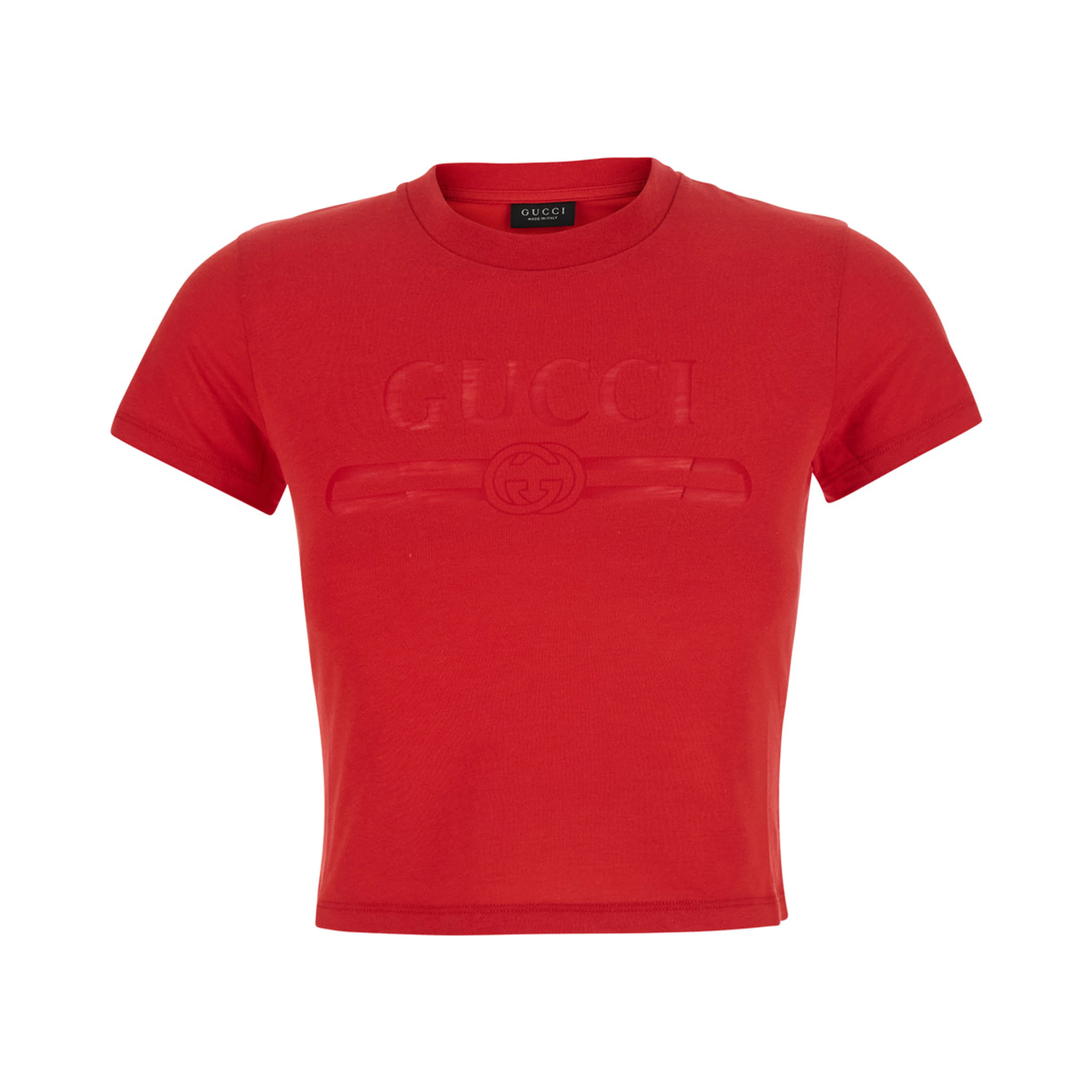 Red cropped T-shirt with tone-on-tone logo on the front and Dropped shoulders in cotton for women