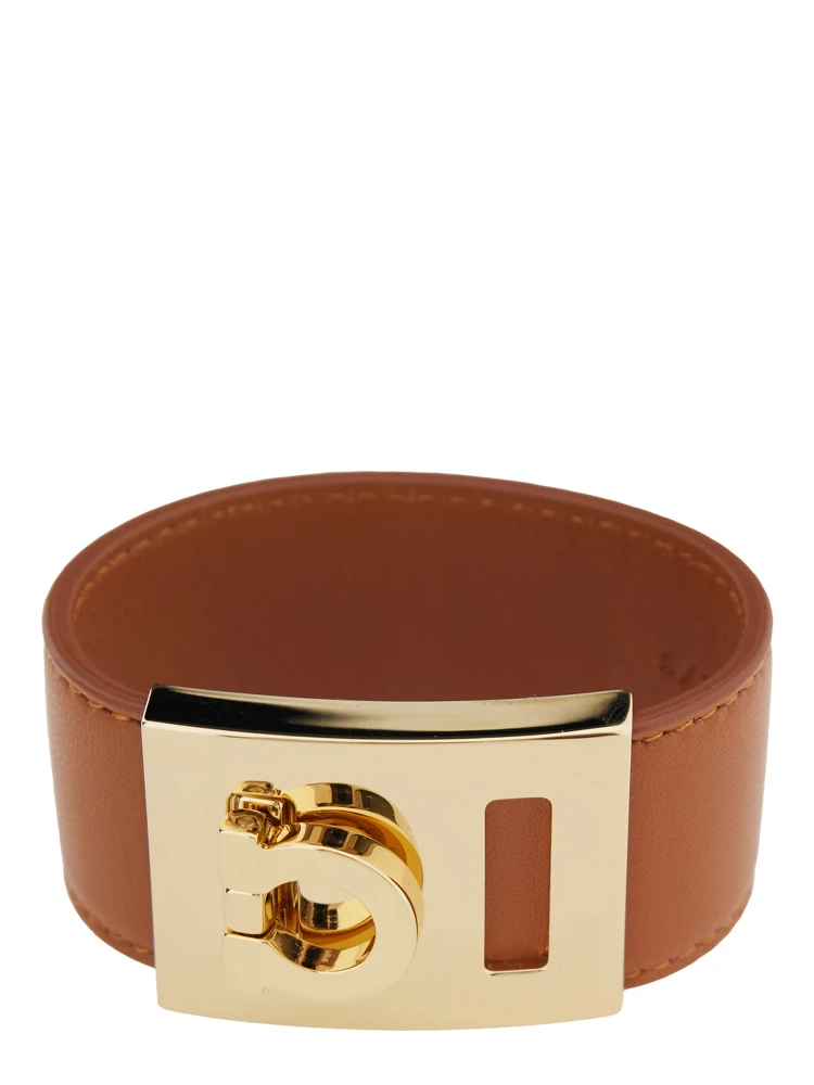 Bracelet Hug with Gancini Detail in Smooth Brown Leather for Women