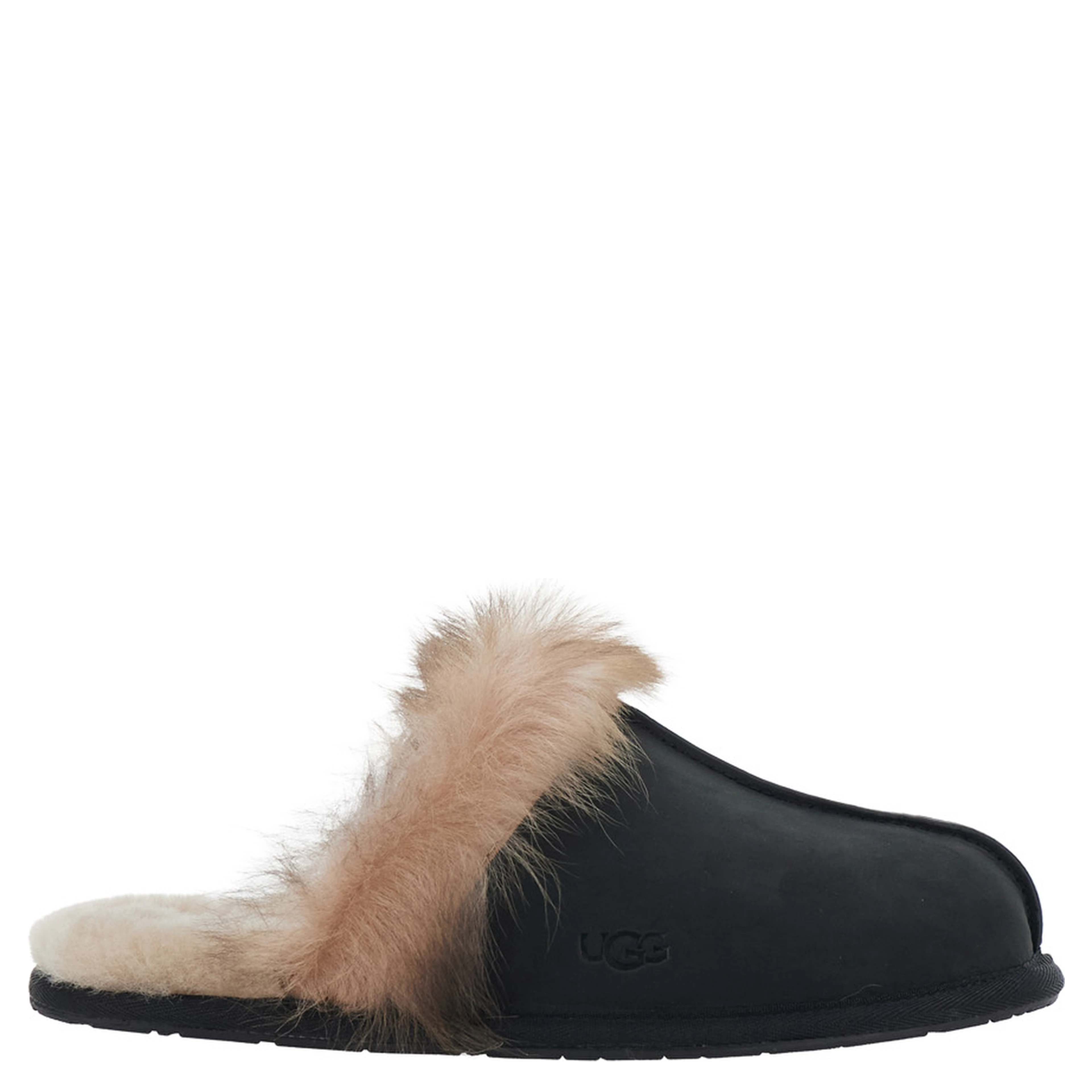 Black fur-lined mules in leather for women