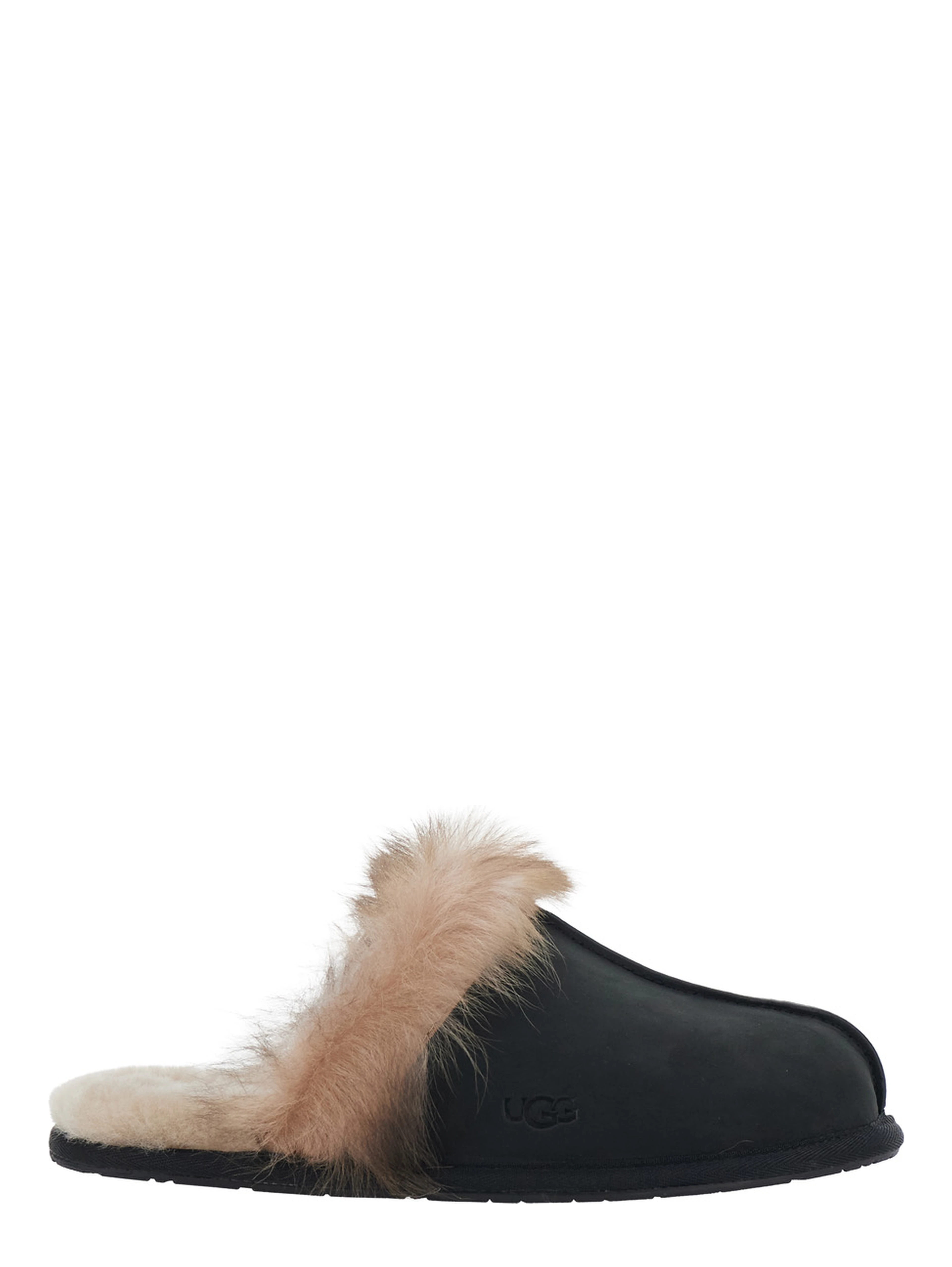 Black fur-lined mules in leather for women