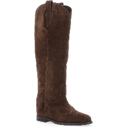 Brown Western Style Pointed Boots with Suede Detail for Women