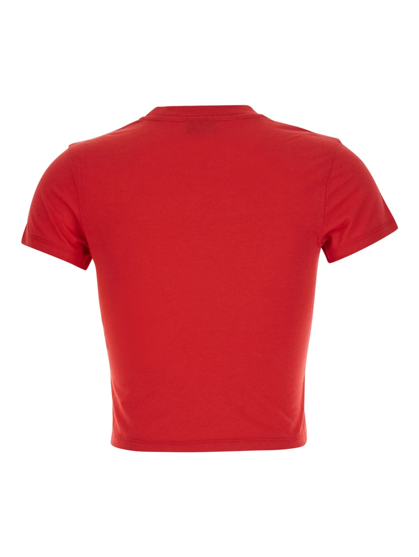 Red cropped T-shirt with tone-on-tone logo on the front and Dropped shoulders in cotton for women