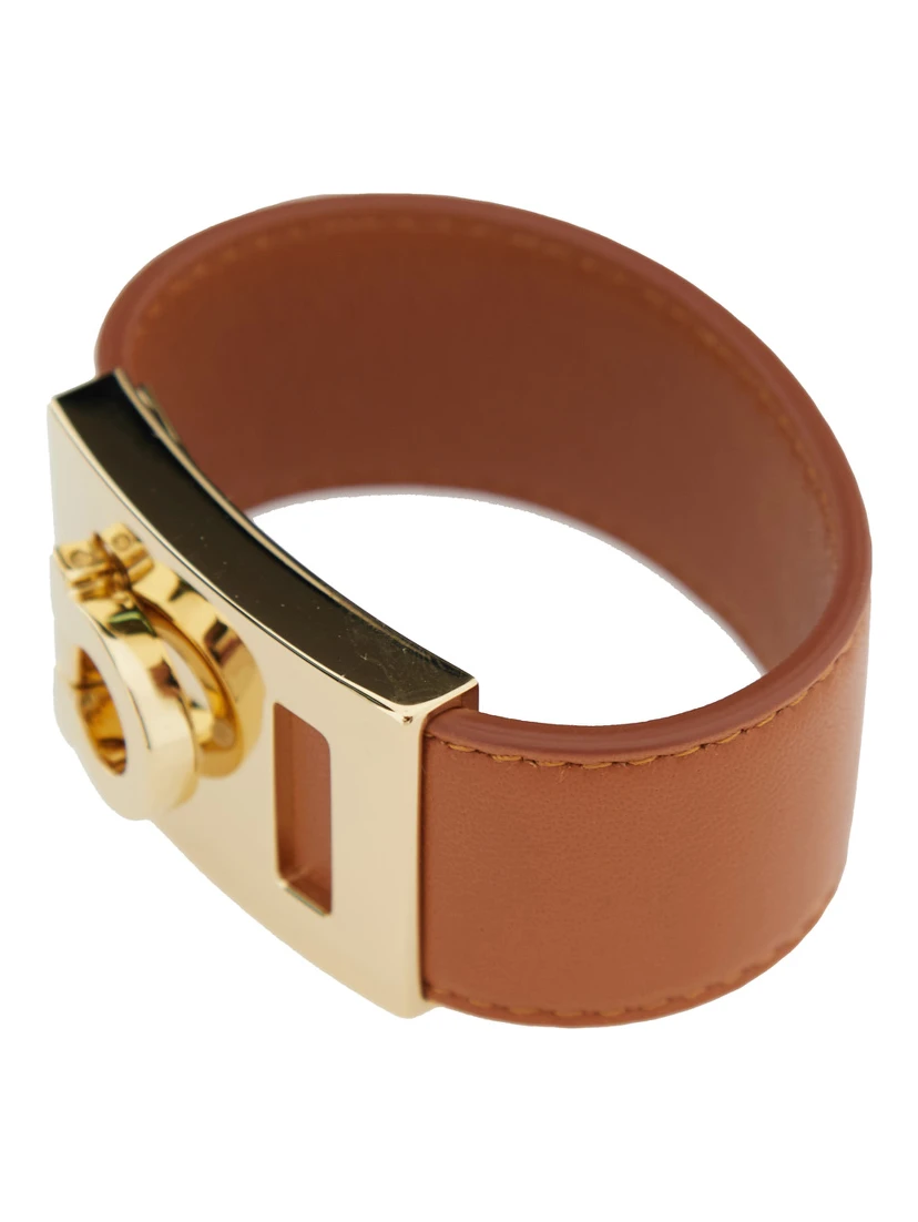 Bracelet Hug with Gancini Detail in Smooth Brown Leather for Women
