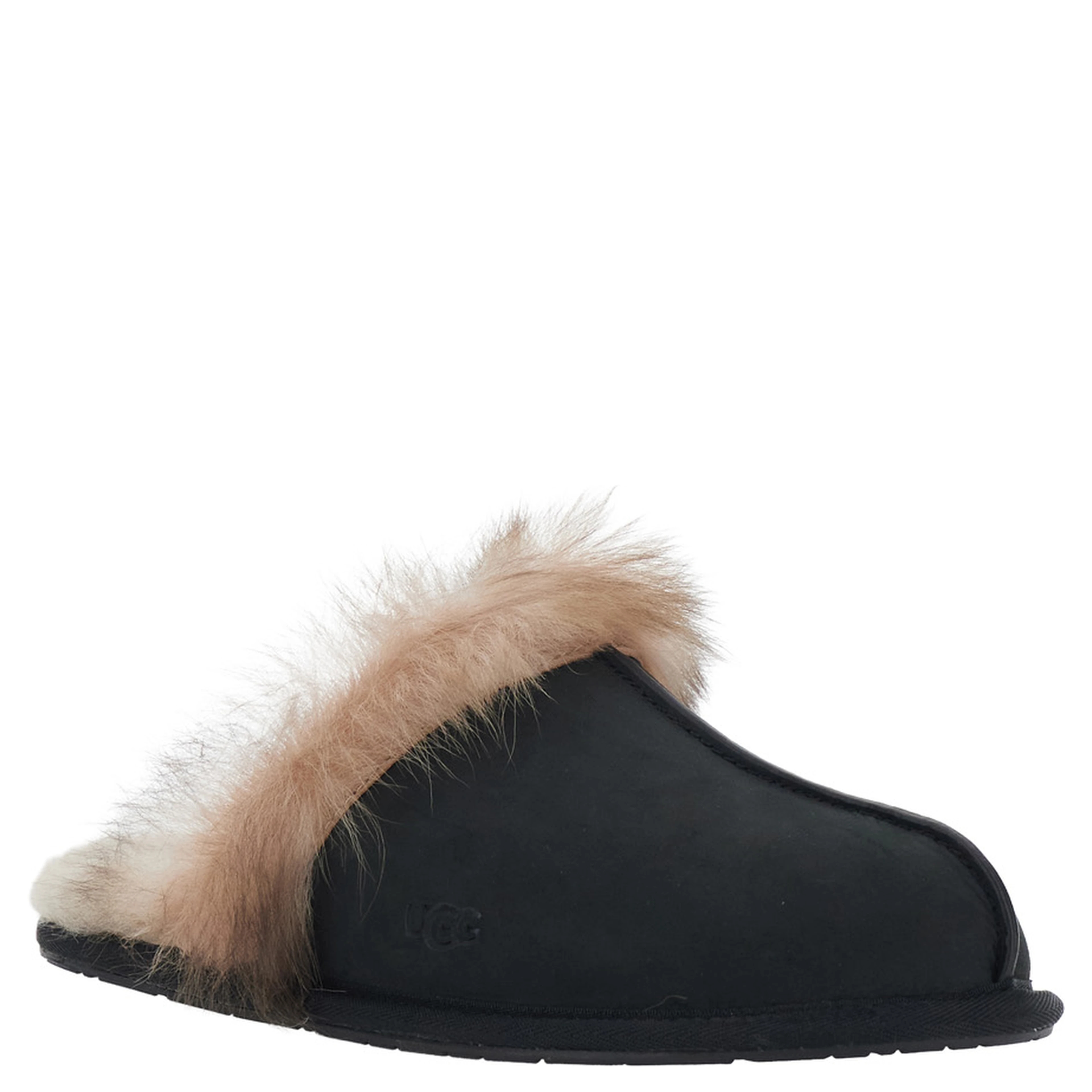 Black fur-lined mules in leather for women