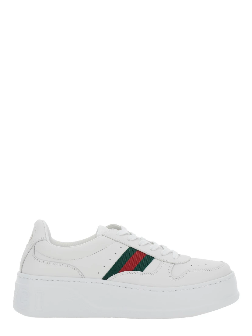 Sneakers with Web Detail and Oversized Sole in White Leather for Women