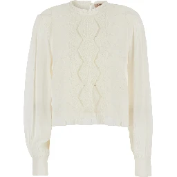 White Crew neck blouse with embroidery on the front in viscose for women