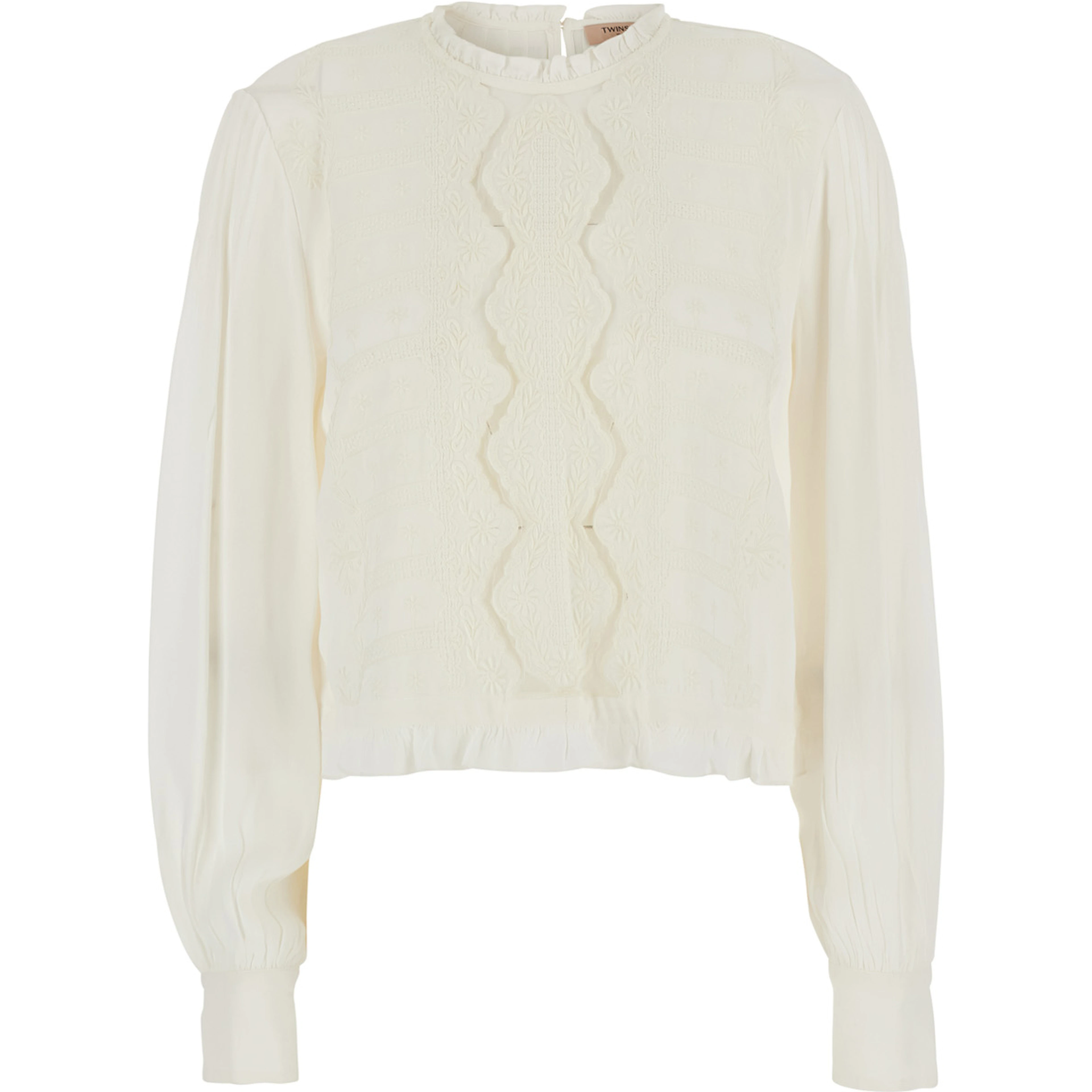 White Crew neck blouse with embroidery on the front in viscose for women