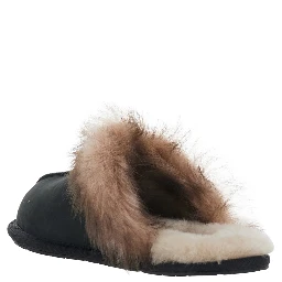 Black fur-lined mules in leather for women