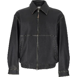 Black leather classic collar jacket for men