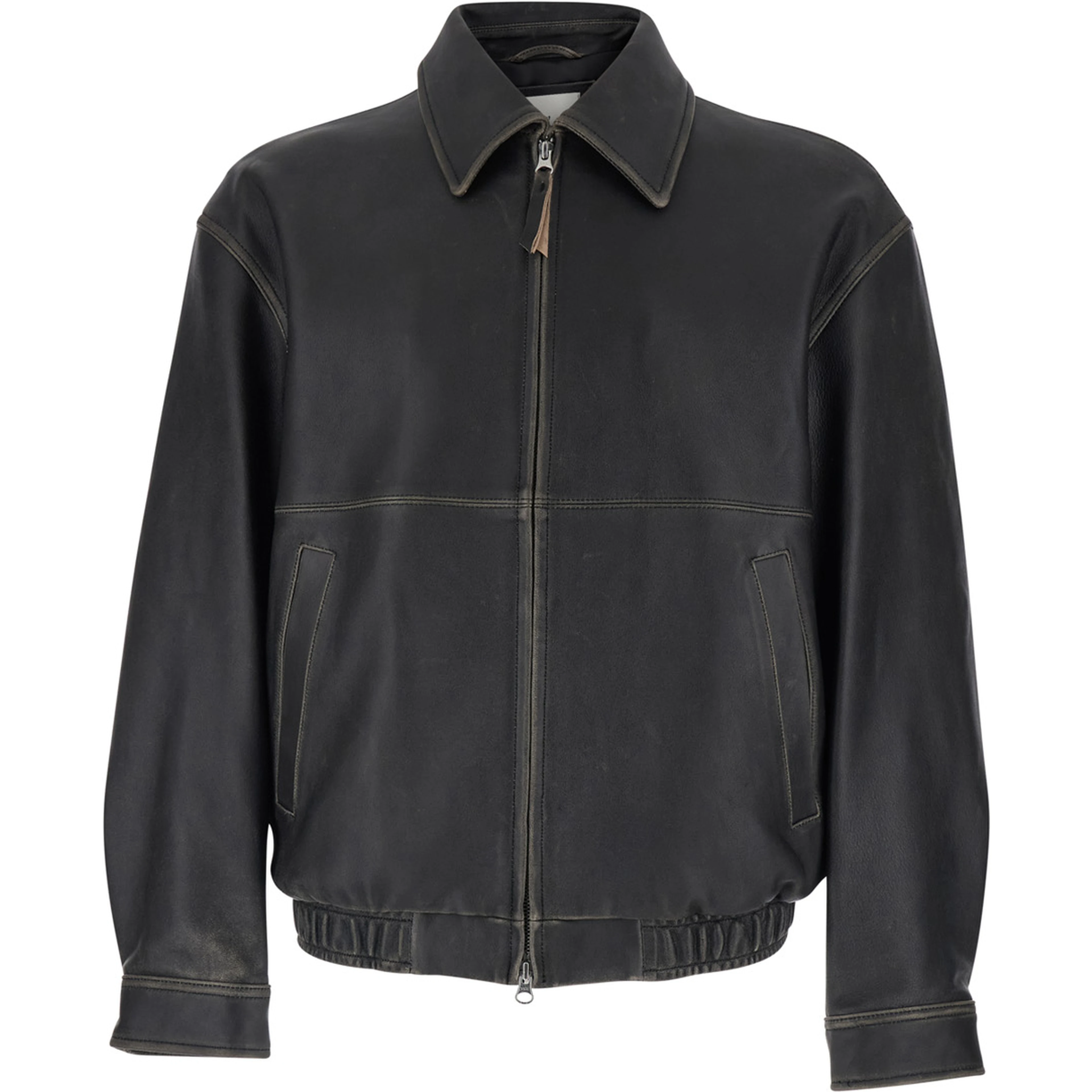 Black leather classic collar jacket for men