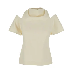 White Blouse with round neck and cut-out on the shoulders in blend silk for women