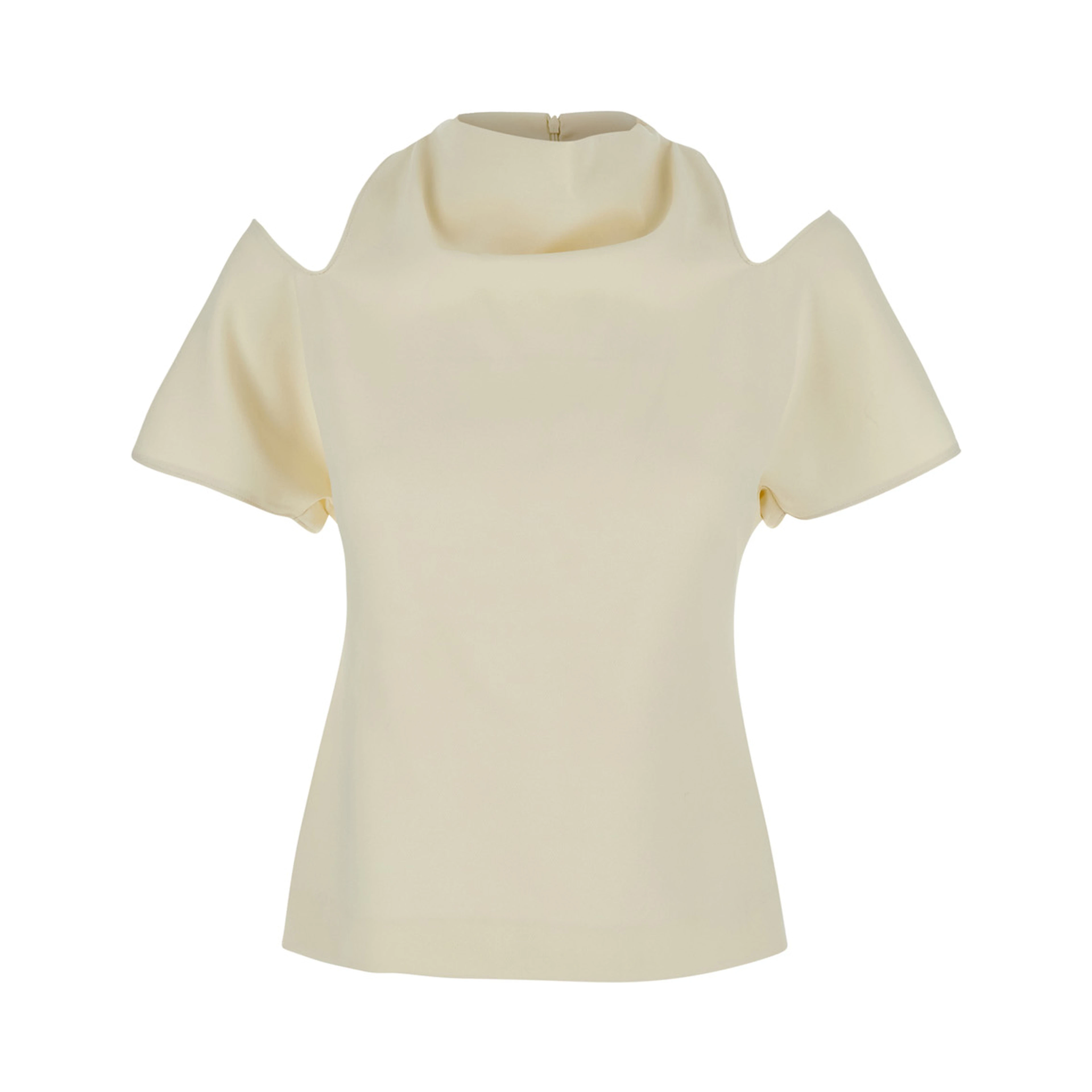 White Blouse with round neck and cut-out on the shoulders in blend silk for women