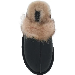 Black fur-lined mules in leather for women