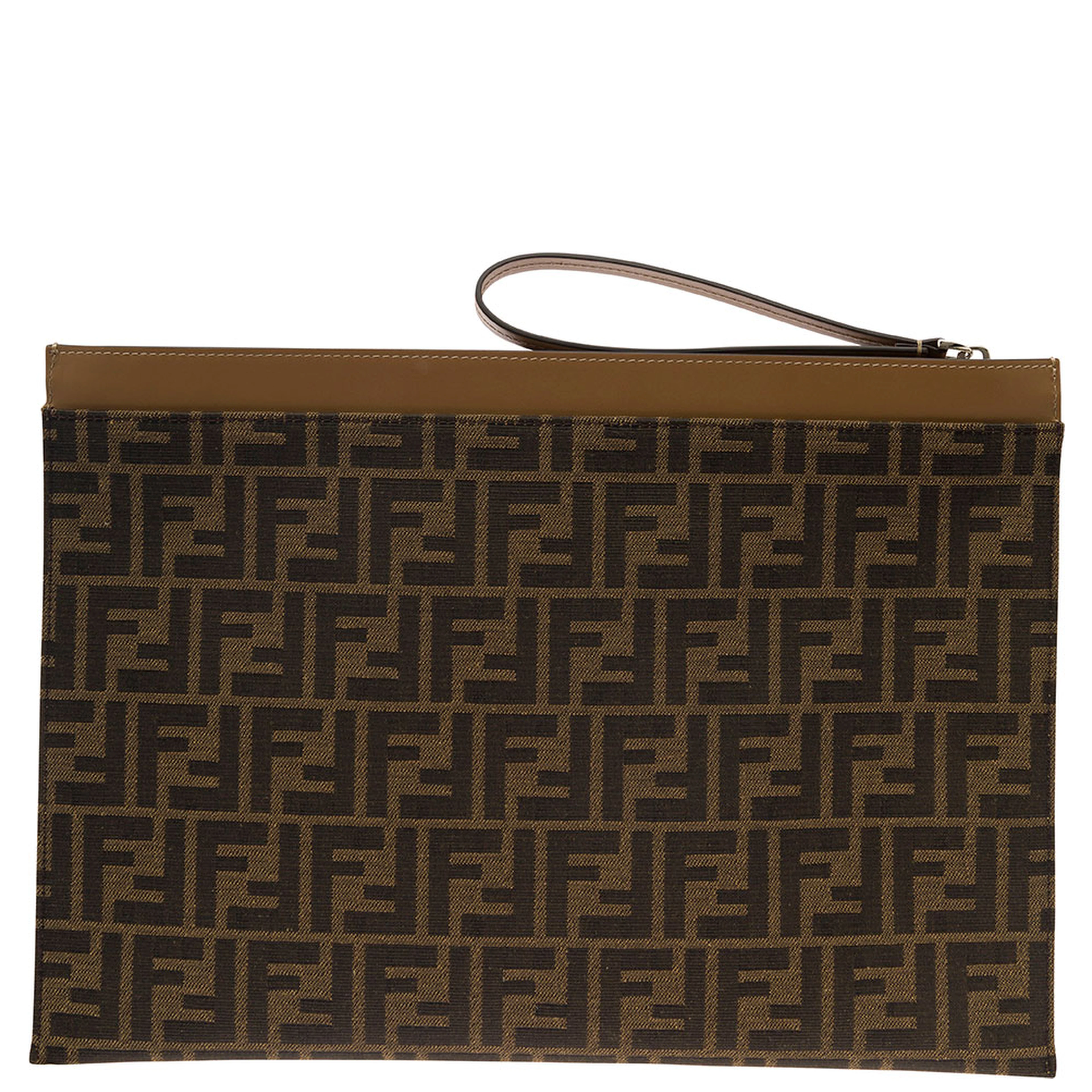 Flat Pouch with Jacquard Motif in Brown Cotton Blend for Men