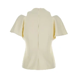 White Blouse with round neck and cut-out on the shoulders in blend silk for women