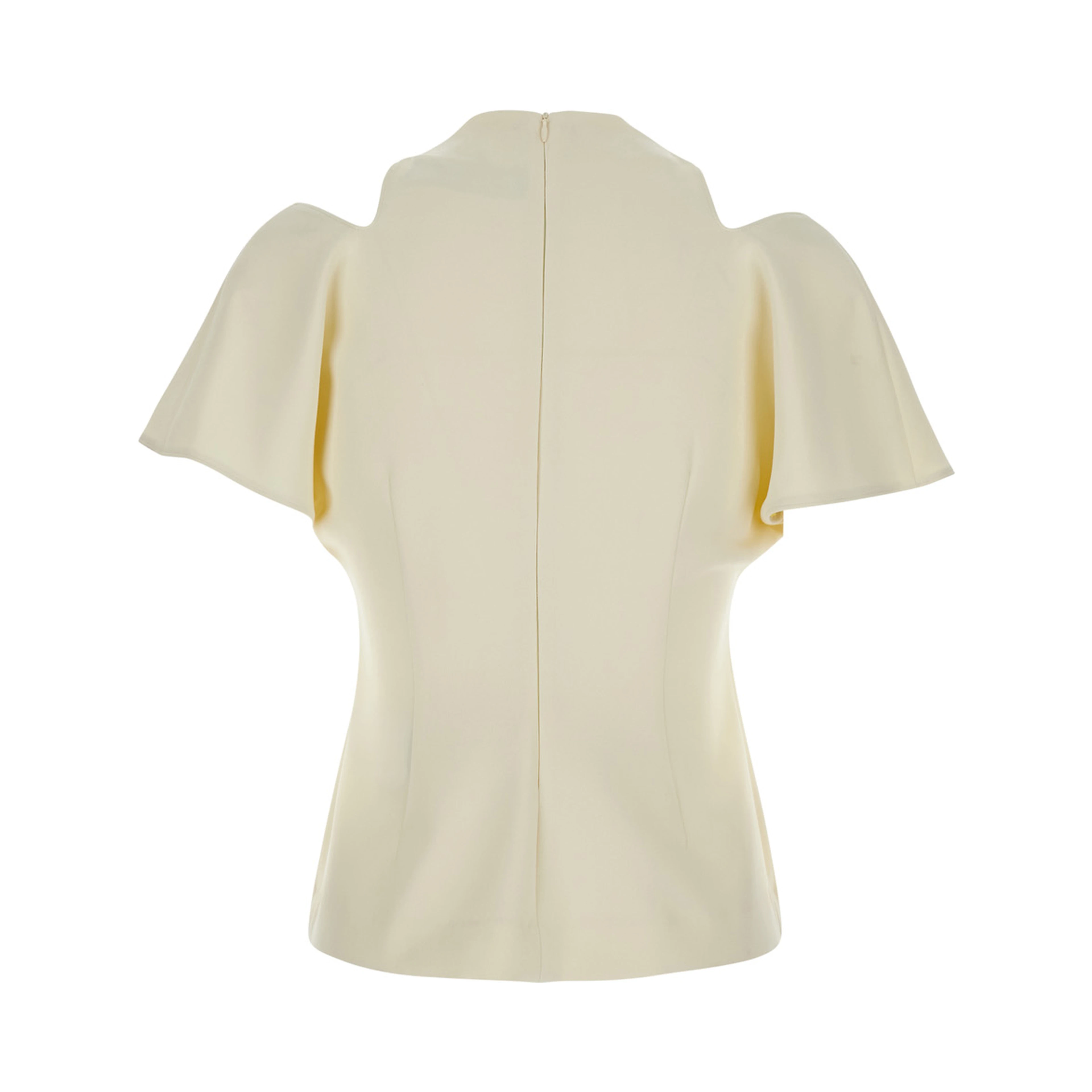 White Blouse with round neck and cut-out on the shoulders in blend silk for women