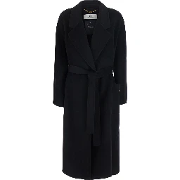 Belted coat with notched revers and long sleeves in black tech fabric for women
