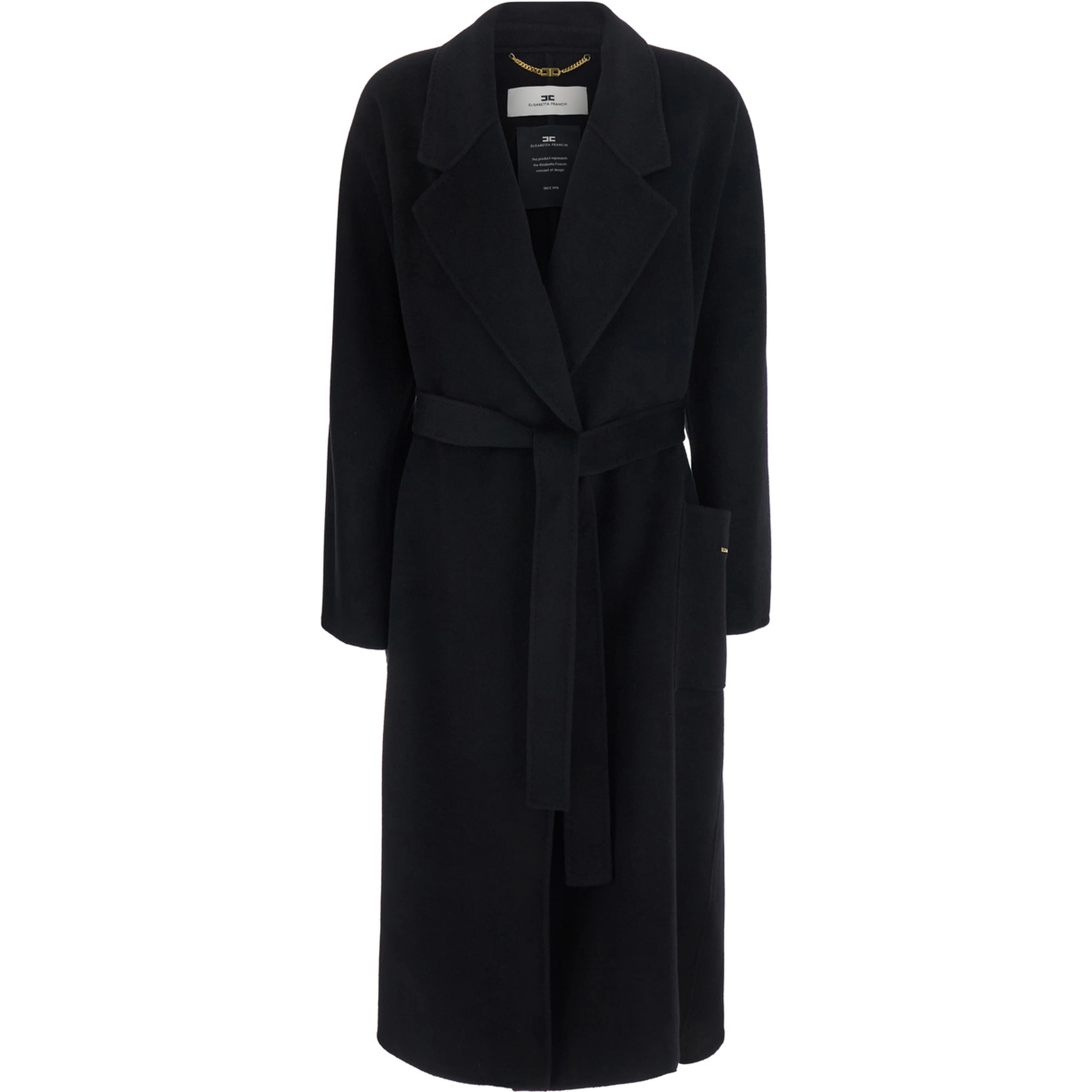 Belted coat with notched revers and long sleeves in black tech fabric for women