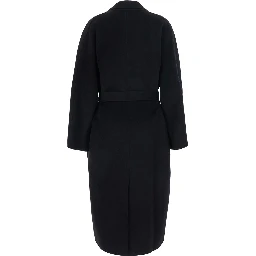 Belted coat with notched revers and long sleeves in black tech fabric for women