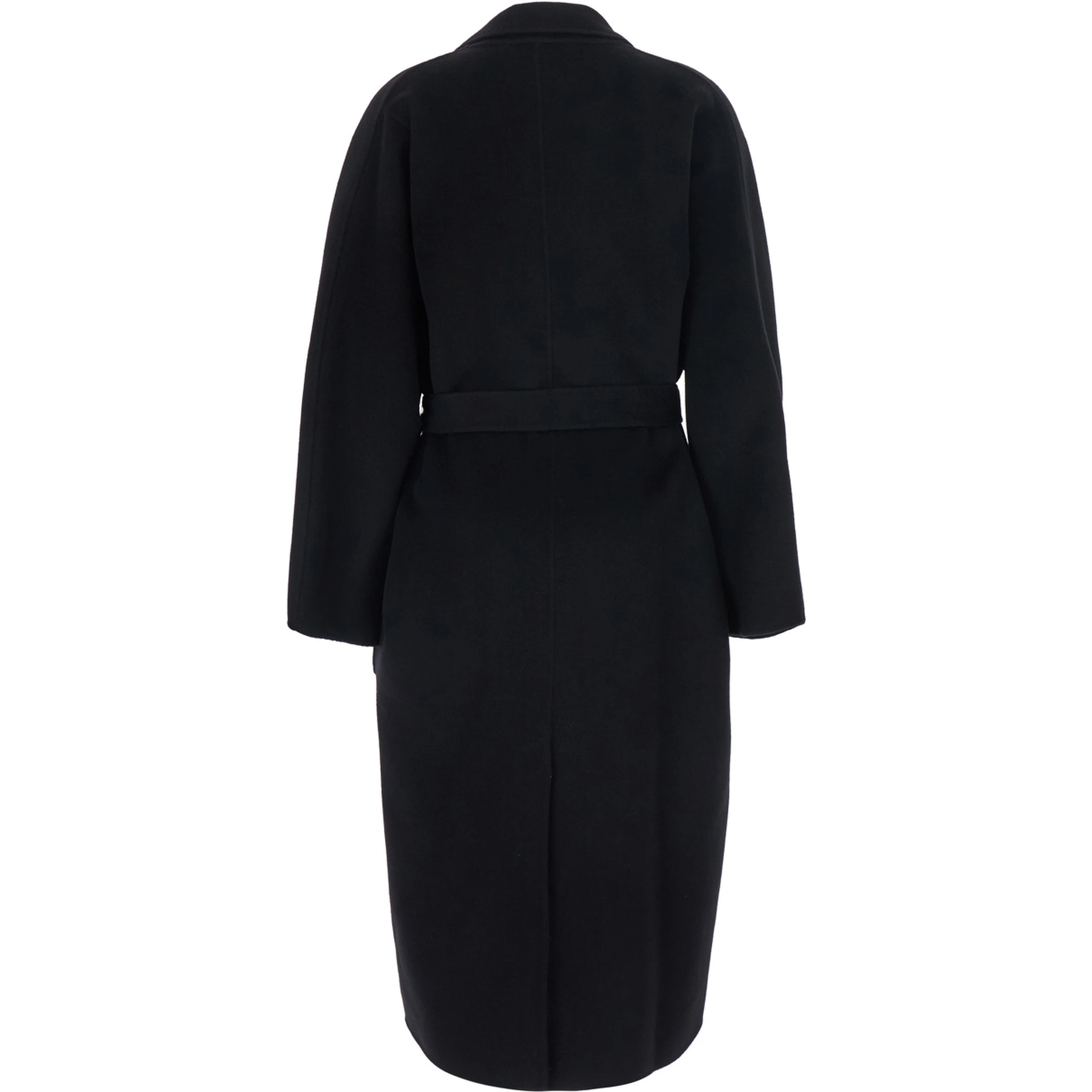 Belted coat with notched revers and long sleeves in black tech fabric for women