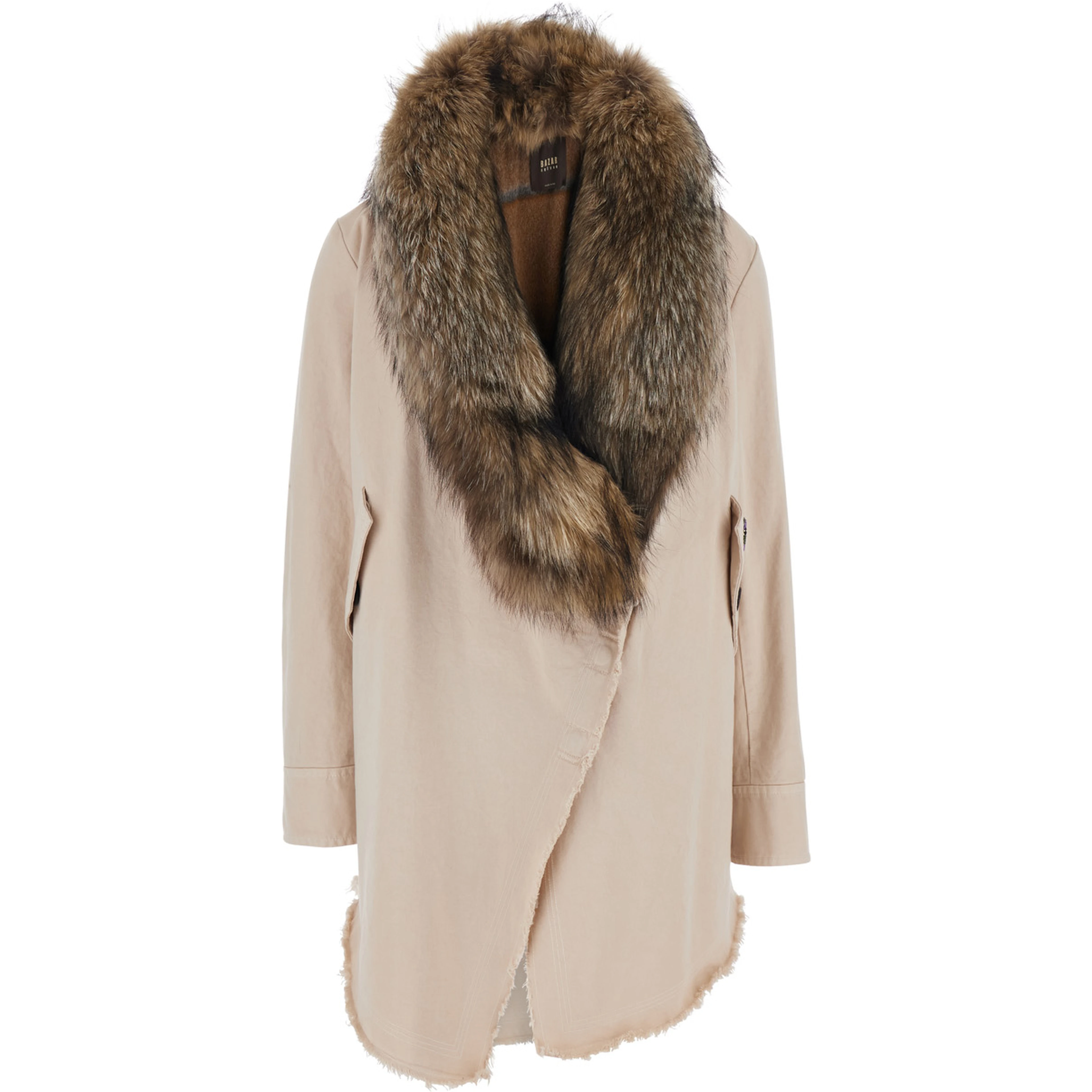 beige Parka jacket with fur collar and removable lining in fabric for women